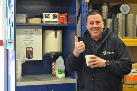 London Colney branch manager Barry enjoys a free cup of tea in branch
