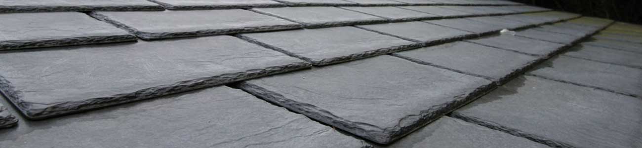 close-up of grey slate roof tiles
