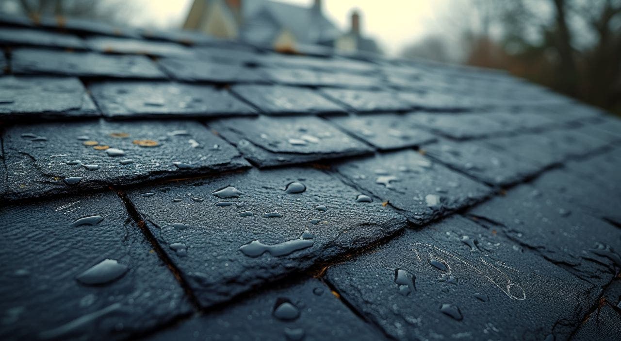 close up shot of slate roof with water droplets