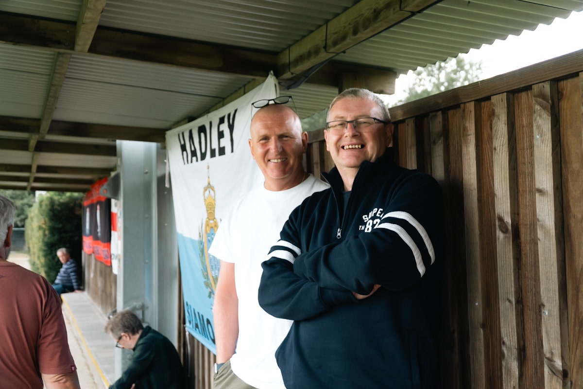Steve Wells and Jamie Sly of JJ Roofing Supplies supporting Hadley FC at Brickfield Lane
