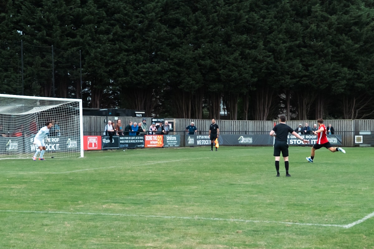 Luke Alfano slotting an 89th minute penalty against Grays Athletics in the FA Trophy first round 2024/25