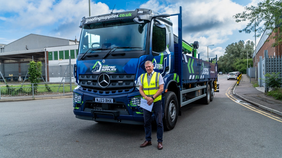 JJ Roofing Supplies Mercedes Crane Dropside 2023 with Transport Manager Carl Jones