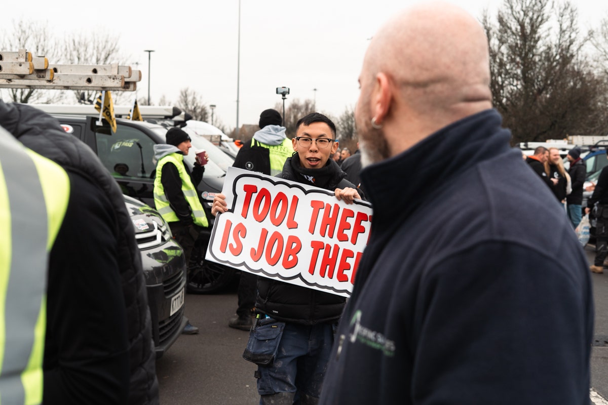 Lewis from @ll_carpentryandjoinery on Instagram dishing out the stickers at the Stop Tool Theft Rally