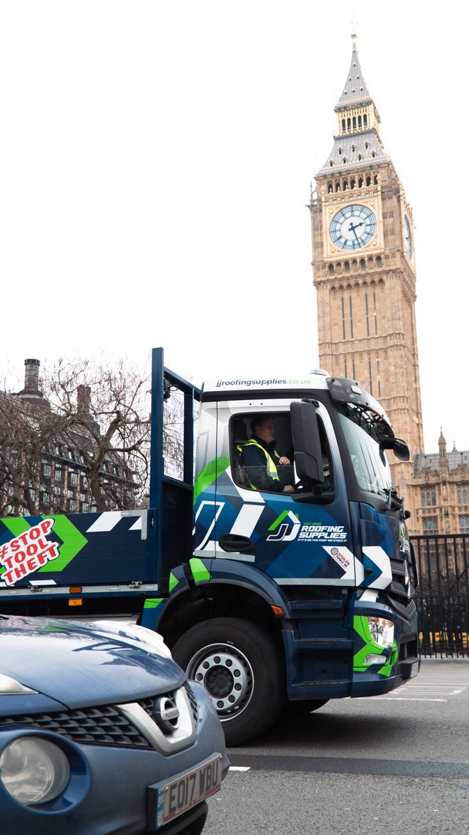 JJ Roofing Supplies HGV lorry at the Stop Tool Theft Rally on Parliament Sqaure on 3 February 2025
