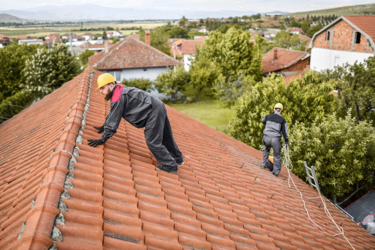 men carefully walking on a roof of a house